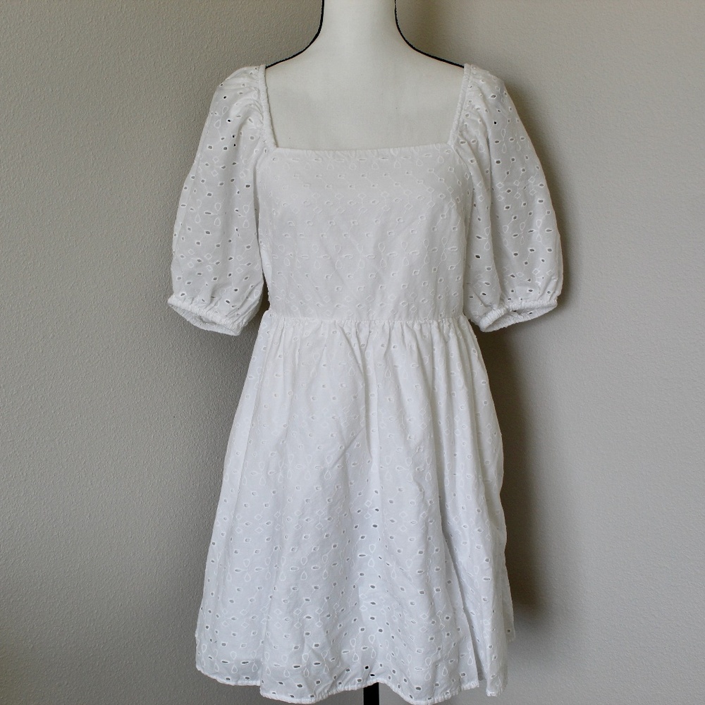 White Eyelet Open Back Puff Sleeve Fit & Flare Dress